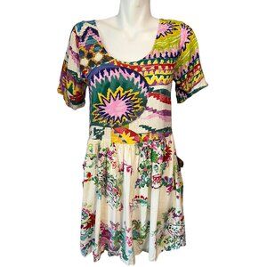 Vtg 90s Jams World Bright Colorful Babydoll Dress Rayon Sz Small Peacock Floral